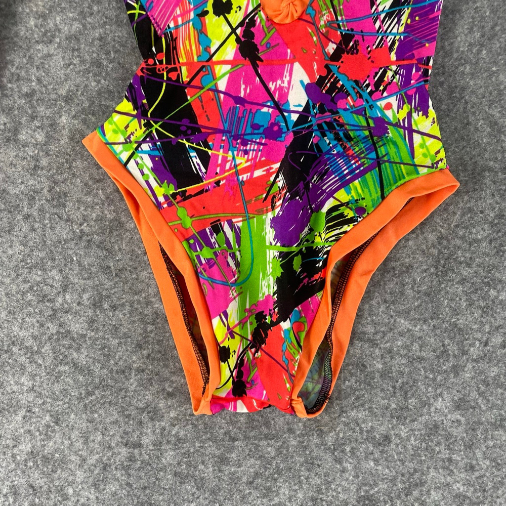 Unbranded Neon Splatter Bodysuit Womens S 80s Rave Festival Lace Up Plunge - Picture 4 of 7